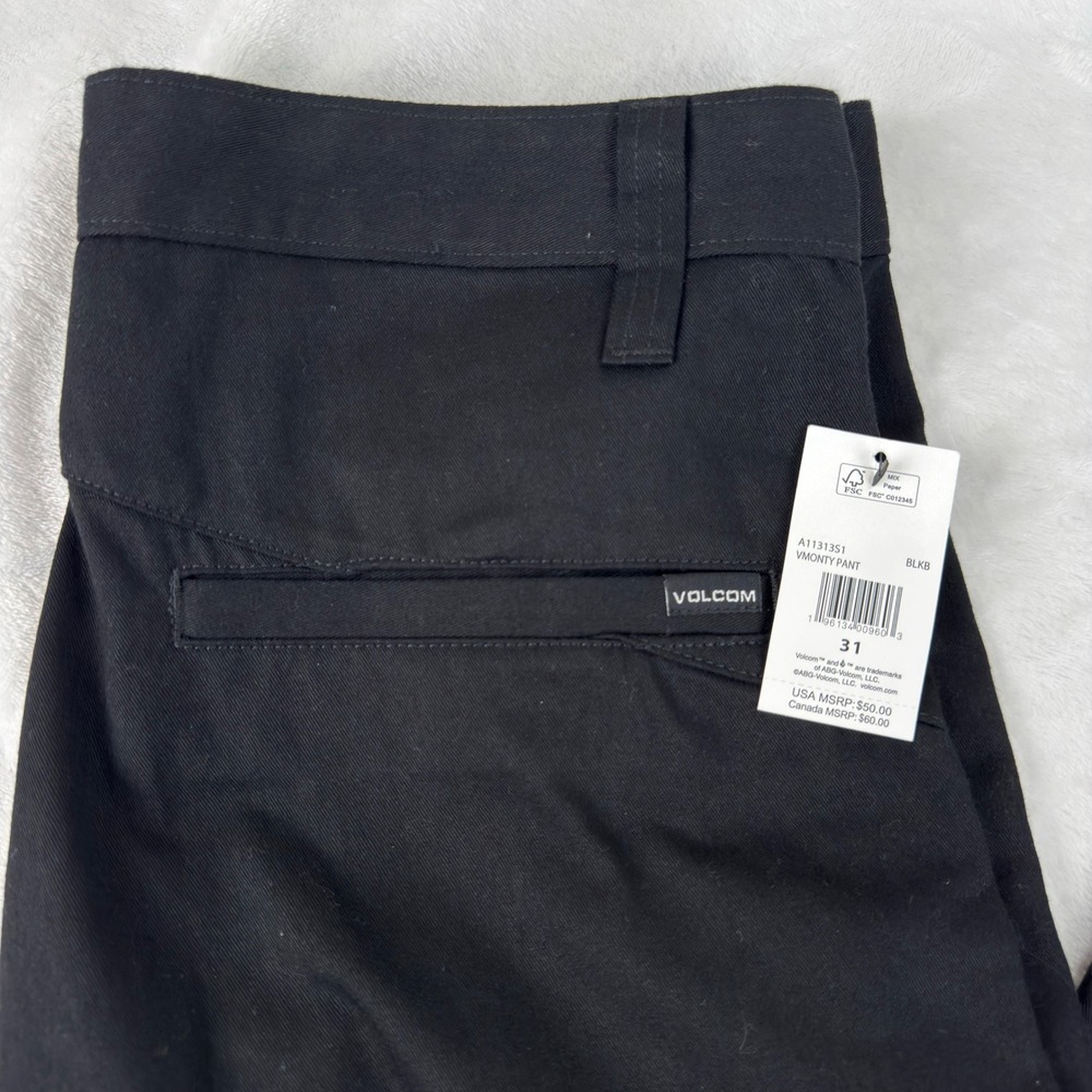 Volcom Vmonty Pant Mens 32 x 31.5" Black Straight Leg Chino Skate Trousers New